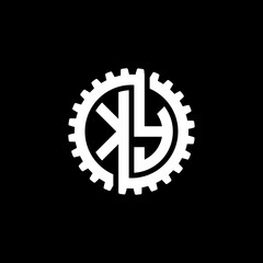 Initial letter K and Y, KY, interlock cogwheel gear monogram logo, white color on black background