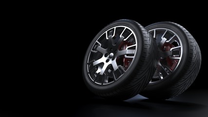 set of several auto wheels side view 3d render