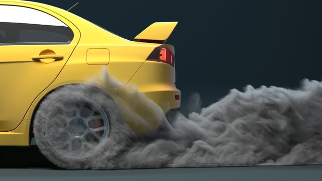 Side view close-up of a car driving out. smoke comes from under the wheels. 3d render