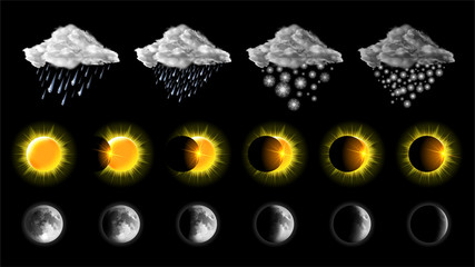 Weather meteo icons realistic set vector illustration. Elements for weather forecast, clouds with snow and rain, different phases or stages of solar and lunar eclipses isolated on black background
