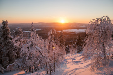 Winter mountains panorama with ski slopes and ski lifts near Vogel ski center, Slovenia