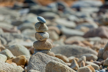 Fototapeta na wymiar a pile of white pebbles stacked on a stony beach in a soft afternoon light