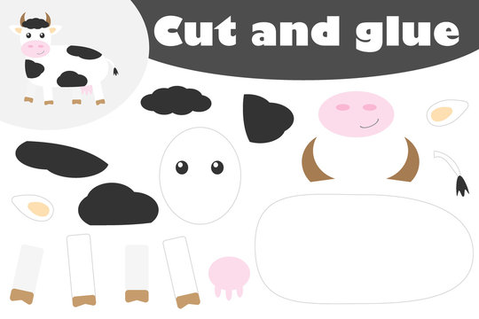 Cow in cartoon style, education game for the development of preschool children, use scissors and glue to create the applique, cut parts of the image and glue on the paper, vector illustration