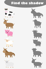 Find the shadow, game for children farm animals in cartoon style, education game for kids, preschool worksheet activity, task for the development of logical thinking, vector illustration