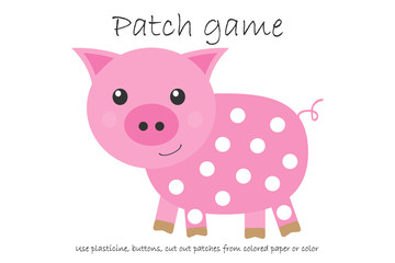 Education Patch game pig for children to develop motor skills, use plasticine patches, buttons, colored paper or color the page, kids preschool activity, printable worksheet, vector illustration