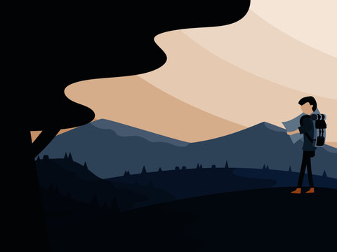 Flat design mountain and hill landscape with backpacker using a map and silhouette of tree as foreground.