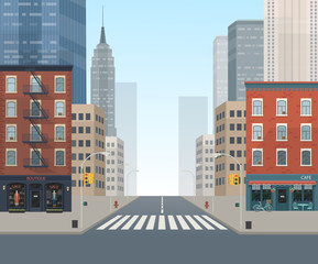 Road City Street With Crosswalk and shops: boutique, cafe. Vector illustration in flat style.