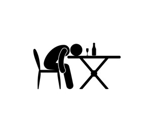 alcoholism illustration, man fell asleep sitting at a table with a bottle and a glass of wine, stick figure pictogram, human silhouette icon isolated