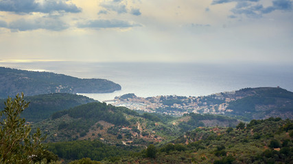Obraz na płótnie Canvas Aerial Panoramic View Of Soller Majorca Spain On A Cloudy Day