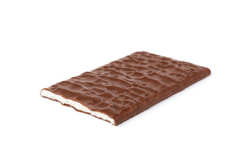 Chocolate bar with coconut filling isolated on white background.