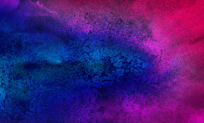 Neon watercolor on black paper background. Vivid ink textured blue, pink and purple color canvas...
