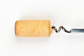 corkscrew and wine cork isolated on white background - Image