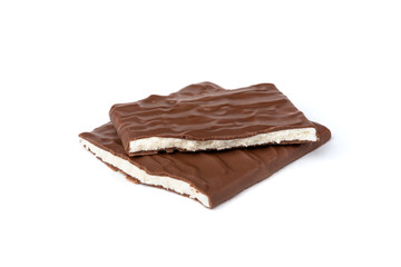 Chocolate bar with coconut filling isolated on white background.