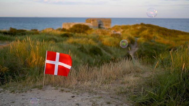 Danish flag waving in the wind with bubbles flying around, on the beach of grenen.
