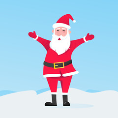 Santa Claus with hat, beard and smiling face flat style character vector illustration. Christmas eve mascot symbol isolated on light blue background