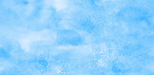 Aquarelle painted paper textured canvas for vintage design, invitation card, template. Light blue sky shades color watercolor illustration, creative background, smeared turquoise frame