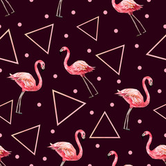 Watercolor  seamless psttern tropical mood. Abstract Illustration with flamingo and shape for the textile fabric or wallpaper