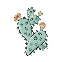 Cactus with yellow flowers in vector. Opuntia. Hand drawn illustration. Objects isolated isolated on white background. Coloring. Doodle. naive children s style.