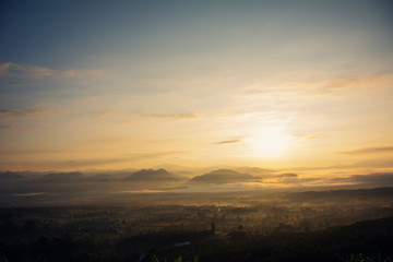 Naklejka na ściany i meble Sea of mist and sunrise at yun lai view point pai mae hong son Thailand