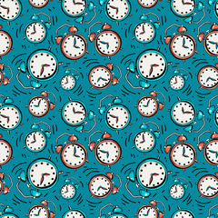 Alarm clock seamless background, timer, deadline hurry and Wake up concept, vector Wallpaper, packaging, textiles, website background. Vector alarm clock on blue, turquoise background.