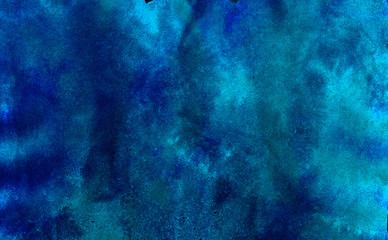 Aquarelle painted ink canvas, cosmic card template for modern design. Deep dark glowing blue neon watercolor on black paper illustration. Creative lightning night sky and thunder background
