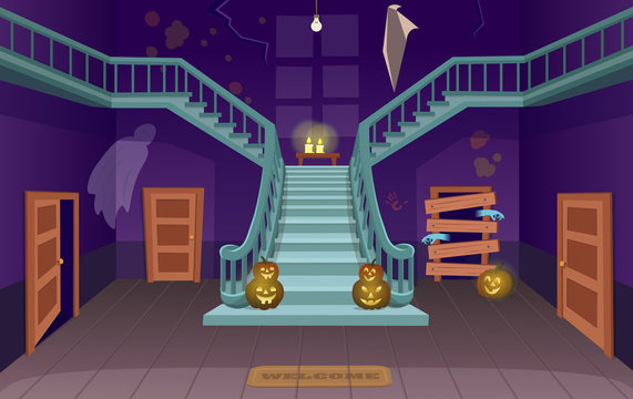 Scary house with stairs, ghosts, doors, pumpkins. Halloween сartoon vector  illustration. Stock Vector | Adobe Stock