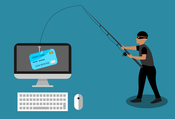 A thief is stealing credit card with fishing rod from the computer. Online fraud concept.Phishing attack, fishing, hacker, web security, cyber thief, electronic crime, scam. Vector illustration, flat 
