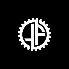 Initial letter L and F, LF, interlock cogwheel gear monogram logo, white color on black background