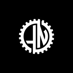Initial letter L and N, LN, interlock cogwheel gear monogram logo, white color on black background