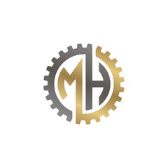 Initial letter M and H, MH, interlock cogwheel gear logo, black gold on white background