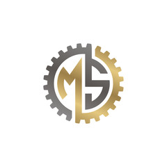 Initial letter M and S, MS, interlock cogwheel gear logo, black gold on white background
