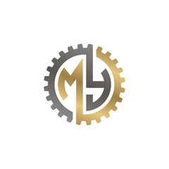 Initial letter M and Y, MY, interlock cogwheel gear logo, black gold on white background
