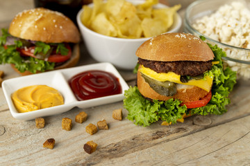 Close-up fast food on wooden background