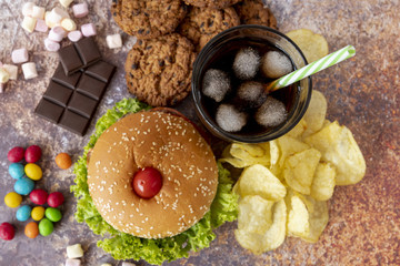 Top view hamburger with snacks