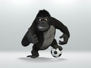 gorilla, angry wild hairy mammal animal thumbing whit soccer ball in foot. 3D Illustration