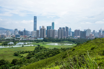 Rural green fields with fish ponds on Hong Kong and the skylines of Shenzhen