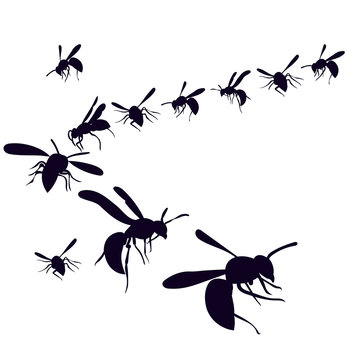 silhouette of a wasp, bees fly on a white background