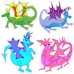 Fototapeta premium Set of colored fantasy cartoon funny dragons.