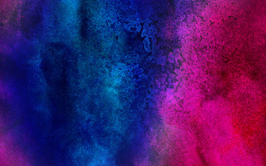 Neon watercolor on black paper background. Vivid ink textured blue, pink and purple color canvas for modern design. Aquarelle smeared abstract cosmic bright vintage dark watercolour illustration.