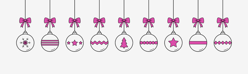 Christmas background with hanging balls. Xmas ornament. Banner. Vector