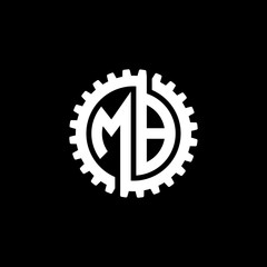 Initial letter M and B, MB, interlock cogwheel gear monogram logo, white color on black background