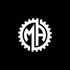 Initial letter M and A, MA, interlock cogwheel gear monogram logo, white color on black background