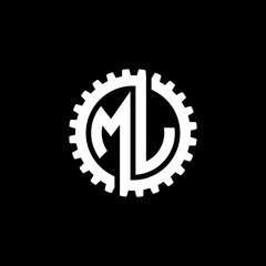 Initial letter M and L, ML, interlock cogwheel gear monogram logo, white color on black background