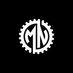 Initial letter M and N, MN, interlock cogwheel gear monogram logo, white color on black background