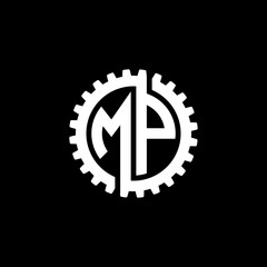 Initial letter M and P, MP, interlock cogwheel gear monogram logo, white color on black background