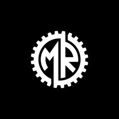 Initial letter M and R, MR, interlock cogwheel gear monogram logo, white color on black background
