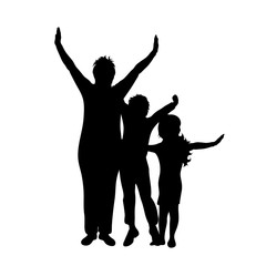 Vector silhouette of mother with her children on white background. Symbol of family, daughter,son,siblings, happy.