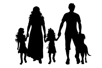 Vector silhouette of family with dog on white background. Symbol of mother, father, child,husband, wife,daughter,animal, pet.