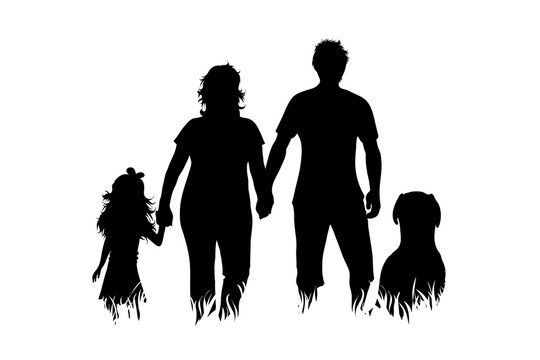 Vector silhouette of family with dog on white background. Symbol of mother, father, child,husband, wife,daughter,animal, pet.