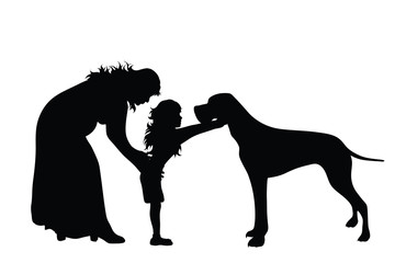 Vector silhouette of woman with her daughter and dog on white background. Symbol of family, mother, daughter, animal, pet.